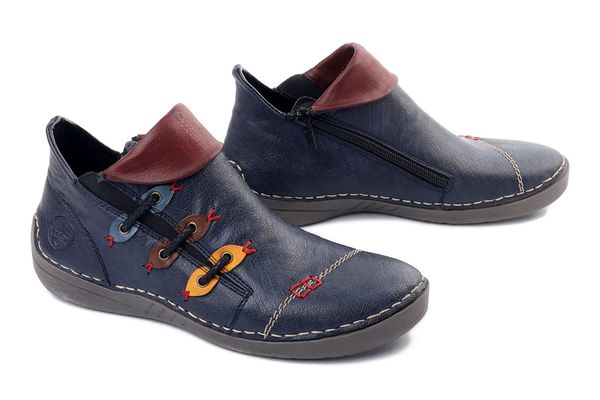 Rieker 72581-14 blau, botki damskie. Niebieskie botki damskie Rieker, na jesień, bez obcasa, bez zapięcia. Za 349.90 zł.