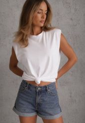 Biały Wiązany Top Oversize z Bawełny Bez Rękawów z Poduszkami w Ramionach Othrassa. Białe koszule damskie Renee, bez wzorów, z bawełny, bez kołnierzyka, bez ramiączek. Za 69.99 zł.