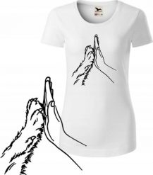 KOSZULKA BIAŁA DAMSKA Z ŁAPKĄ PSA DŁOŃ CZŁOWIEKA L KRÓTKI RĘKAW HAFT. Białe t-shirty damskie Radziszewska, l, bez wzorów, bez kołnierzyka. Za 189.11 zł.