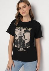 Czarny T-shirt z Bawełny Ozdobiony Nadrukiem i Brokatem Marionel. Czarne bluzki damskie Born2be, m, z aplikacjami, z bawełny, eleganckie, bez kołnierzyka. Za 34.99 zł.