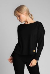 Luźna Bluzka z Dzianiny Prążkowanej - Czarna. Czarne bluzki damskie MOE, l, bez wzorów, z bawełny, bez kołnierzyka, bez ramiączek. Za 259.90 zł.