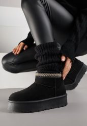 Czarne Śniegowce na Grubej Podeszwie Zdobione Haftem Sewnella. Czarne śniegowce i trapery damskie Born2be, z jeansu. Za 69.99 zł.