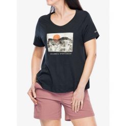 Koszulka z nadrukiem damska Columbia Ruby Springs Graphic Scoop Neck S/S. Czarne koszulki sportowe damskie Columbia, s, bez wzorów, bez kołnierzyka, bez ramiączek. Za 105.95 zł.