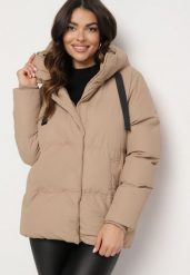 Ciemnobeżowa Kurtka Pikowana z Kapturem Vertigara. Brązowe kurtki damskie Born2be, l, bez wzorów, z jeansu, z kapturem. Za 129.99 zł.