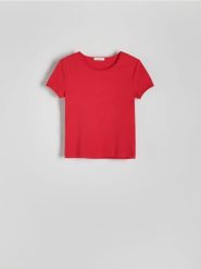 T-shirt z merceryzowanej bawełny - czerwony. Czerwone t-shirty damskie Reserved, l, bez wzorów, z bawełny, bez kołnierzyka. W wyprzedaży za 39.99 zł.