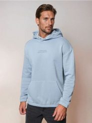 Bluza hoodie z napisem - niebieski. Niebieskie bluzy męskie Sinsay, l, bez wzorów, bez kaptura. Za 49.99 zł.