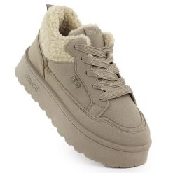 Botki damskie ocieplane sneakersy z kożuszkiem beżowe Big Star SS274105. Brązowe botki damskie Big Star, ze skóry ekologicznej, retro, bez obcasa, bez zapięcia. Za 149.99 zł.