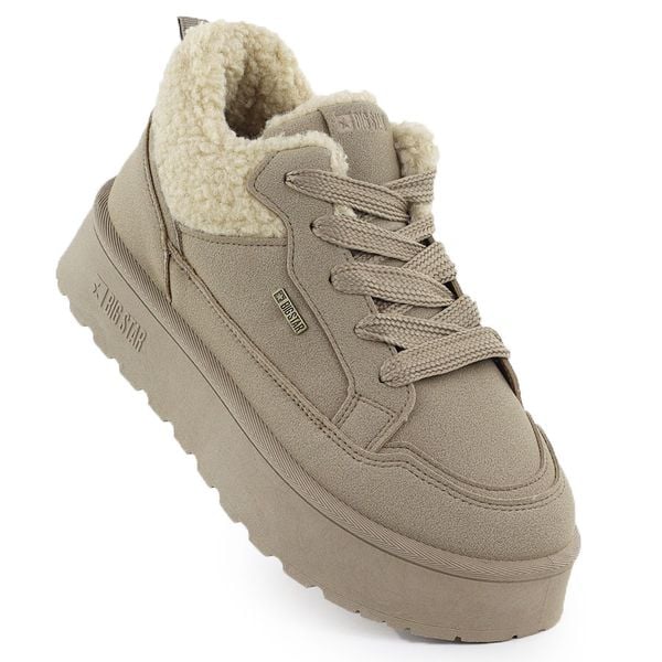 Botki damskie ocieplane sneakersy z kożuszkiem beżowe Big Star SS274105. Brązowe botki damskie Big Star, ze skóry ekologicznej, retro, bez obcasa, bez zapięcia. Za 149.99 zł.