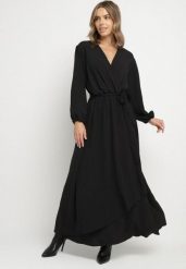 Czarna Kopertowa Asymetryczna Sukienka Koktajlowa z Wiskozą Ozdobiona Paskiem Lanoresa. Czarne sukienki damskie Born2be, na imprezę, xl, bez wzorów, z wiskozy, eleganckie, z asymetrycznym kołnierzem, bez ramiączek, maxi, asymetryczne. Za 99.99 zł.