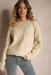Beżowy Luźny Sweter o Pudełkowym Kroju i Tłoczonym Splocie ze Ściągaczami Elomara. Brązowe swetry damskie Renee, bez wzorów, z jeansu, casualowe, bez kołnierzyka, bez ramiączek, bez kaptura. Za 139.99 zł.