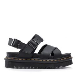 Sandały Dr. Martens. Czarne klapki damskie Dr. Martens, bez wzorów, bez obcasa, na koturnie, bez zapięcia. Za 439.99 zł.