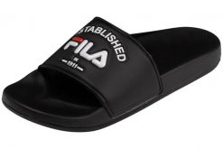 Klapki basenowe damskie Fila Baywalk '23 wsuwane. Czarne klapki damskie Fila, bez wzorów, z materiału, bez obcasa. Za 79.49 zł.