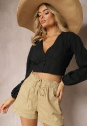 Beżowe Szorty z Guzikami i Gumką w Pasie Ściągane Troczkiem Amalilena. Brązowe szorty damskie Renee, l, bez wzorów, z szyfonu, eleganckie. Za 39.99 zł.