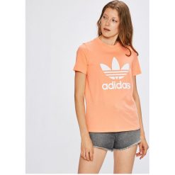 Adidas Originals - Top. Szare topy damskie adidas Originals, z nadrukiem, z bawełny, z okrągłym kołnierzem, z krótkim rękawem. W wyprzedaży za 99.90 zł.