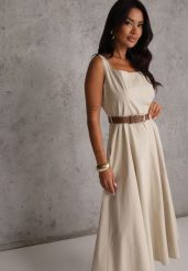 Beżowa Sukienka z Bawełny z Kwadratowym Dekoltem i Paskiem z Tłoczoną Klamrą Dianito. Brązowe sukienki dla dziewczynek Renee, bez wzorów, z bawełny, eleganckie, bez ramiączek. Za 139.99 zł.