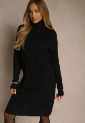 Czarna Sukienka Sweterkowa z Golfem Wełną Bawełną i Ozdobnym Splotem Reilenea. Czarne sukienki damskie Renee, na spotkanie biznesowe, l, bez wzorów, z bawełny, eleganckie, bez kołnierzyka, bez ramiączek, midi. Za 69.99 zł.
