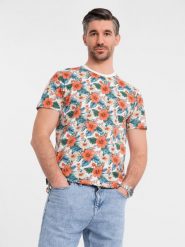 T-shirt męski bawełniany w kwiatowy wzór full print – biały V1 OM-TSFP-0249 - XXL. Białe t-shirty męskie Ombre Clothing, na lato, l, bez wzorów, z bawełny, eleganckie, bez kołnierzyka. W wyprzedaży za 39.99 zł.