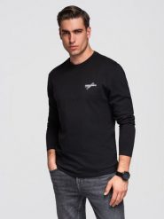 Męski longsleeve bawełniany z okrągłym dekoltem - czarny V2 - Rozmiar: L. Czarne bluzki z długim rękawem męskie Ombre Clothing, l, bez wzorów, z bawełny, biznesowe, bez kołnierzyka. Za 169.99 zł.