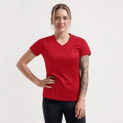 Funkcjonalna koszulka damska Rogelli PROMOTION LADY. Czerwone koszulki sportowe damskie Rogelli, m, bez wzorów, bez kołnierzyka, bez ramiączek. Za 49.00 zł.
