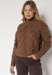 Brązowy Golf z Domieszką Wełny Zdobiony Oryginalnym Splotem Fedwira. Brązowe swetry damskie Born2be, na zimę, uniwersalny, z aplikacjami, z jeansu, biznesowe, bez kołnierzyka, bez ramiączek, bez kaptura. Za 159.99 zł.
