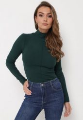 Ciemnozielony Sweter Golf o Dopasowanym Kroju Ryler. Zielone swetry damskie Born2be, m, z aplikacjami, z jeansu, klasyczne, bez kołnierzyka, bez ramiączek, długie, bez kaptura. Za 89.99 zł.