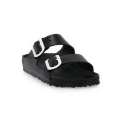 Klapki damskie Birkenstock Arizona Eva Calz S. Czarne klapki damskie Birkenstock, bez wzorów, z materiału, eleganckie, bez obcasa. Za 455.00 zł.
