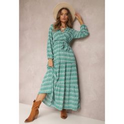 Zielona Sukienka Rozkloszowana z Gumką w Pasie Kefem. Zielone sukienki damskie Renee, na spotkanie biznesowe, l, bez wzorów, z materiału, boho, bez kołnierzyka, bez ramiączek, maxi, kopertowe. Za 99.99 zł.