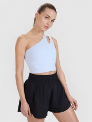 4F Crop top treningowy na jedno ramię 4F x Anna Lewandowska - niebieski M. Niebieskie koszulki sportowe damskie 4f, m, bez wzorów, z dzianiny, z asymetrycznym kołnierzem, bez ramiączek, na fitness i siłownię. Za 99.99 zł.