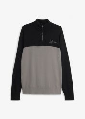 Sweter z wysokim kołnierzem zapinanym na zamek, krój regular fit. Czarne swetry przez głowę męskie bonprix, m, bez wzorów, bez kołnierzyka. Za 129.99 zł.