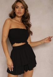 Czarny Komplet z Bawełny Elastyczny Top bez Rękawów Szorty z Falbankami i Gumką w Pasie Tessabel. Czarne szorty damskie Renee, na lato, m, bez wzorów, z bawełny. Za 59.99 zł.