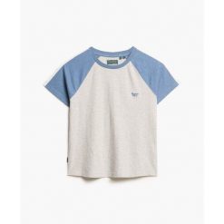 Koszulka retro z logo dla kobiet Superdry Essential. Niebieskie t-shirty damskie Superdry., l, bez wzorów, prążkowane, retro, bez kołnierzyka. Za 130.30 zł.