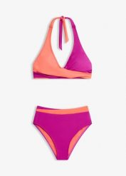 Bikini w stylu kopertowym z ramiączkami łączonymi na szyi (komplet 2-cz.). Fioletowe bikini damskie bonprix, bez wzorów. Za 117.99 zł.