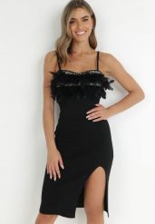 Czarna Sukienka Dopasowana z Piórkami przy Dekolcie Heleitte. Czarne sukienki damskie Born2be, na imprezę, bez wzorów, z dzianiny, bez kołnierzyka, bez ramiączek, midi, dopasowane. Za 169.99 zł.