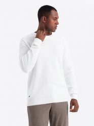 Sweter męski RELAXED FIT z dzianiny o diamentowym splocie – złamana biel V1 OM-SWSW-0110 - XXL. Swetry przez głowę męskie Ombre Clothing, l, z aplikacjami, z bawełny, bez kołnierzyka. W wyprzedaży za 69.99 zł.