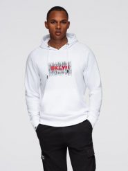Męska klasyczna bluza kangurka z nadrukiem - biała V1 - Rozmiar: XXL. Białe bluzy męskie Ombre Clothing, m, bez wzorów, z bawełny, z kapturem. W wyprzedaży za 59.99 zł.