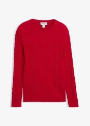Cienki sweter ze wzorem w warkocze, slim fit. Czerwone swetry przez głowę męskie bonprix, m, bez wzorów, z bawełny, bez kołnierzyka. Za 99.99 zł.