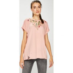 Sublevel - Top. Szare topy damskie Sublevel, z haftami, z bawełny, z okrągłym kołnierzem, z krótkim rękawem. W wyprzedaży za 49.90 zł.