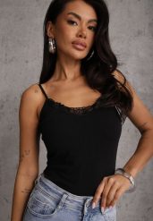 Czarny Bieliźniany Top na Ramiączkach z Bawełny Zdobiony Koronką Bernelle. Czarne bluzki damskie Renee, m, z aplikacjami, z bawełny, bez kołnierzyka, bez ramiączek. Za 39.99 zł.