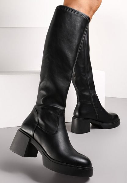Czarne Kozaki Przed Kolano z Ekoskóry na Słupku Zapinane na Zamek Stallata. Czarne kozaki damskie Renee, z koronki, przed kolano, bez obcasa, na obcasie. Za 149.99 zł.