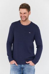 TOMMY JEANS Granatowy sweter. Niebieskie swetry przez głowę męskie Tommy Jeans, l, bez wzorów, z jeansu, bez kołnierzyka. W wyprzedaży za 284.99 zł.