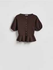 Kardigan z baskinką - brązowy. Brązowe kardigany damskie Reserved, l, bez wzorów, z bawełny. Za 139.99 zł.