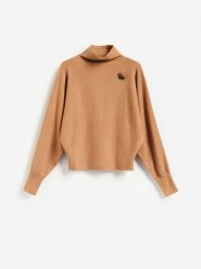 Sweter z ozdobnym detalem - beżowy. Brązowe swetry damskie Reserved, l, bez wzorów, z dzianiny, bez kołnierzyka, bez ramiączek, bez kaptura. Za 149.99 zł.