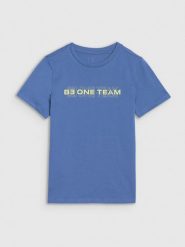 4F T-shirt z nadrukiem chłopięcy - niebieski 134 (8-9 lat). Niebieskie t-shirty dla chłopców 4f, bez wzorów, z bawełny, bez ramiączek. W wyprzedaży za 19.99 zł.