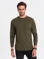 Męski longsleeve BASIC z okrągłym dekoltem - ciemnooliwkowy V7 - Rozmiar: XXL. Zielone bluzki z długim rękawem męskie Ombre Clothing, m, bez wzorów, z bawełny, klasyczne, bez kołnierzyka. W wyprzedaży za 79.99 zł.