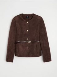 Żakiet slim fit z ozdobnymi guzikami i paskiem - brązowy. Brązowe żakiety damskie Sinsay, l, bez wzorów. Za 79.99 zł.