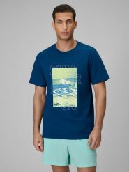 4F T-shirt regular z nadrukiem męski - turkusowy XXL. Niebieskie t-shirty męskie 4f, m, bez wzorów, z bawełny, klasyczne, bez kołnierzyka. W wyprzedaży za 39.99 zł.