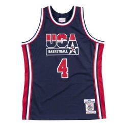 Autentyczny strój Team USA Christian Laettner. Niebieskie koszulki sportowe męskie Mitchell & Ness, bez wzorów, z jersey, bez kołnierzyka, bez ramiączek, do koszykówki. Za 1,194.50 zł.