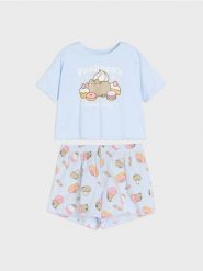 Bawełniana piżama dwuczęściowa z nadrukiem Pusheen the Cat - błękitny. Niebieskie piżamy damskie Sinsay, l, bez wzorów, z bawełny, bez ramiączek. Za 49.99 zł.