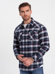 Męska flanelowa koszula w kratę z kieszeniami - granatowo-czerwona V2 - Rozmiar: S. Czerwone koszule męskie Ombre Clothing, m, bez wzorów, z bawełny, klasyczne, bez kołnierzyka, bez ramiączek. W wyprzedaży za 79.99 zł.