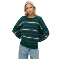 Sweter w paski z miękkiej dzianiny dla kobiet Superdry. Zielone swetry damskie Superdry., na zimę, bez wzorów, z dzianiny, bez kołnierzyka, bez ramiączek, bez kaptura. Za 288.40 zł.